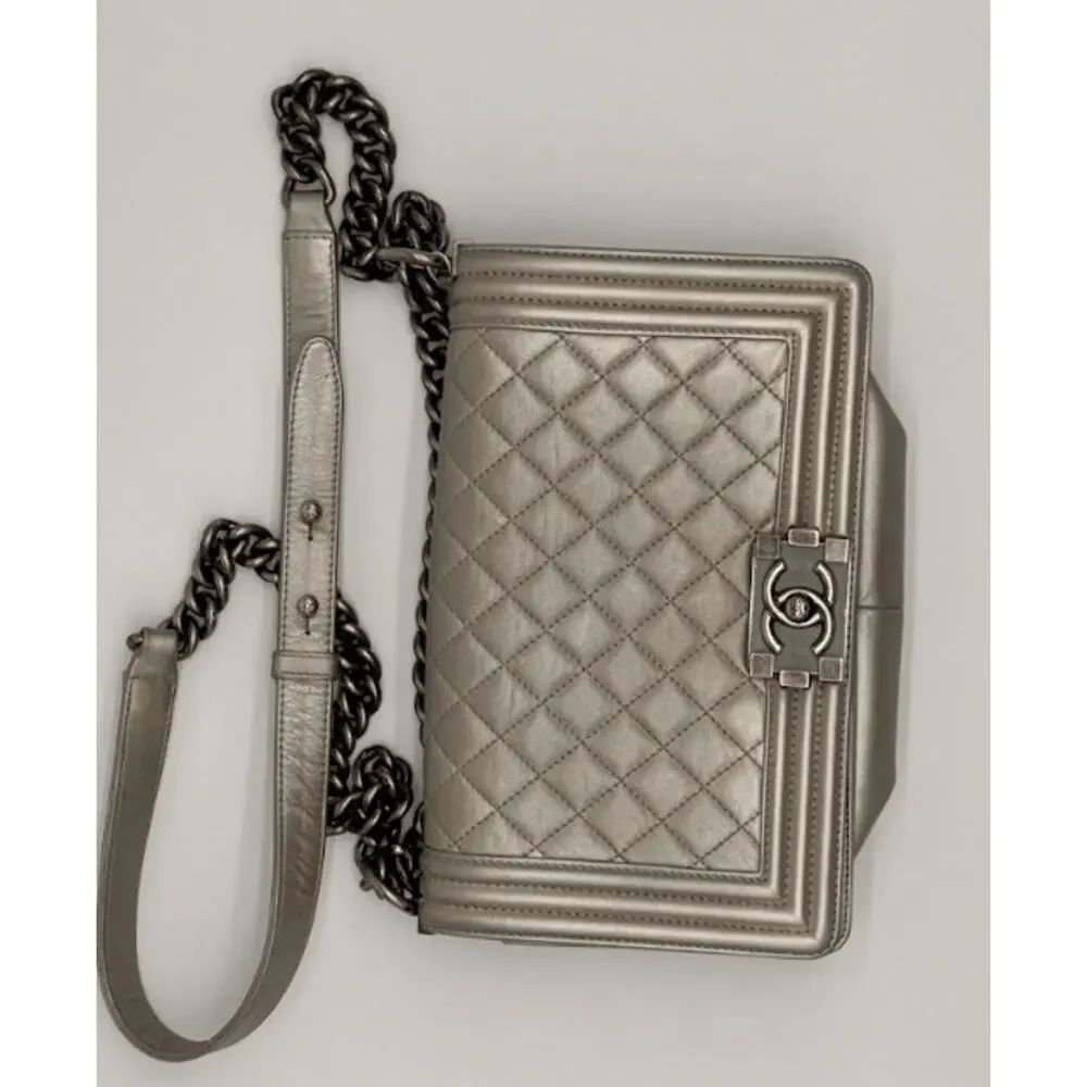 Chanel Medium Boy Flap Metallic Silver Quilted Calfskin Bag